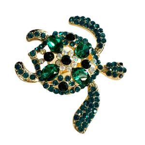 Sea Turtle Brooch Green And Black Stones 2 inches x 2 inches